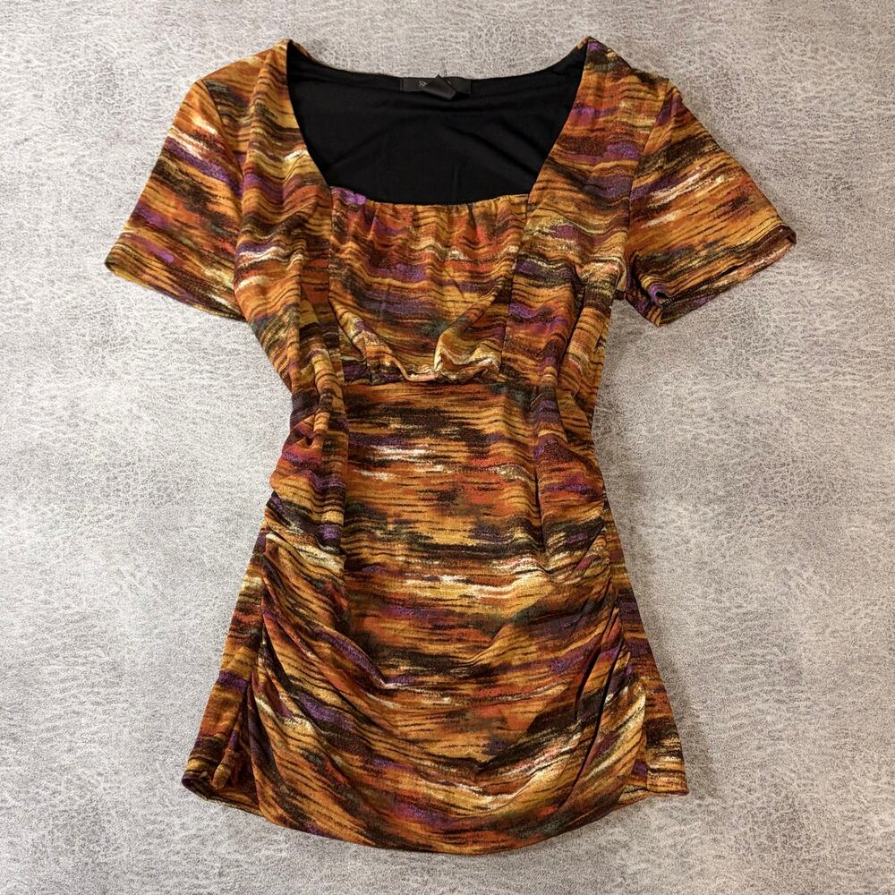 Orange Abstract Mesh Ruched Short Sleeve Top